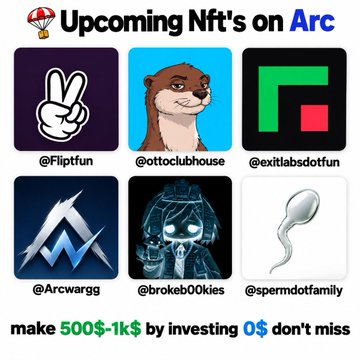 A promotional graphic titled "Upcoming Nft's on Arc" featuring six NFT project logos (@Fliptfun, @ottoclubhouse, @exitlabsdotfun, @Arcwargg, @brokeb00kies, @spermdotfamily) with the tagline "make 500$-1k$ by investing 0$ don't miss," highlighting Fliptfun's launchpad on the Arc network where users can mint upcoming NFTs for free by following the testnet steps mentioned in the post.