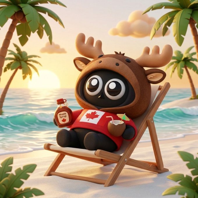 A 3D-rendered cartoon black character wearing a brown moose costume and a red shirt with a Canadian maple leaf, relaxing on a beach chair while holding a bottle of 'Maple Syrup' and a coconut drink.