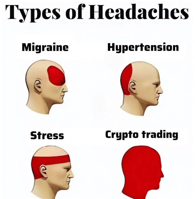 A meme titled 'Types of Headaches' comparing four head illustrations: 'Migraine' (red spot on temple), 'Hypertension' (red patch on back of head), 'Stress' (red band around forehead), and 'Crypto trading' (entire head colored red).