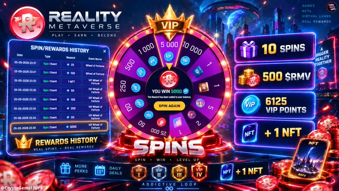A screenshot of the 'Reality Metaverse' interface showing a spin wheel, spin/rewards history, and rewards including 10 spins, 500 $RMV, 6125 VIP points, and +1 NFT.