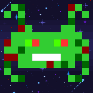 A pixel art illustration of a green alien-like creature with red eyes and antennae against a dark space background with stars.