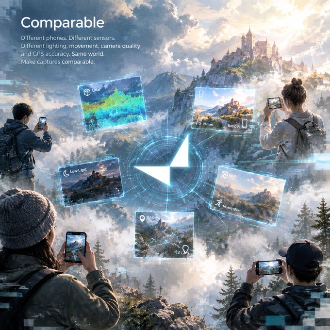 A promotional image showing how different phones capture the same scene with comparable results, featuring people photographing a mountain castle with displays showing LiDAR, GPS, and camera data overlays.