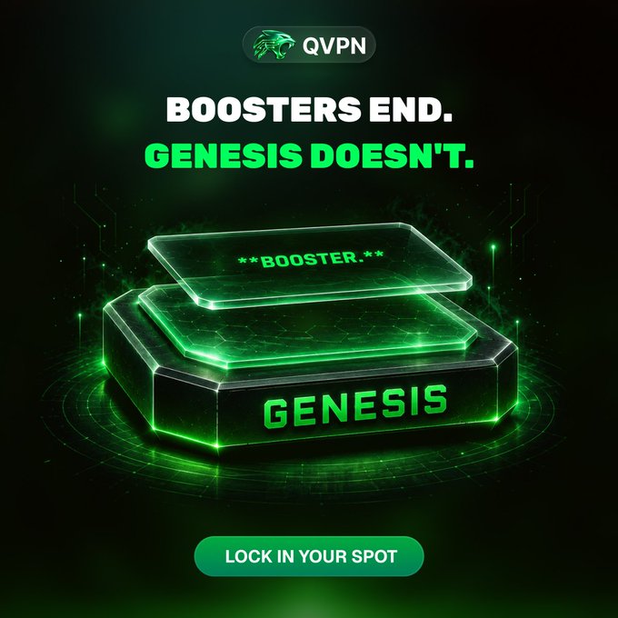 A QVPN promotional graphic displays a glowing green "GENESIS" platform with a "**BOOSTER.**" card floating above it, under the headline "BOOSTERS END. GENESIS DOESN'T." and a "LOCK IN YOUR SPOT" call-to-action button. The image visually reinforces the post's message by contrasting a temporary booster card on top with the permanent GENESIS foundation below, symbolizing how $SHHH rates from boosters fluctuate while Genesis delivers lasting, non-declining returns.
