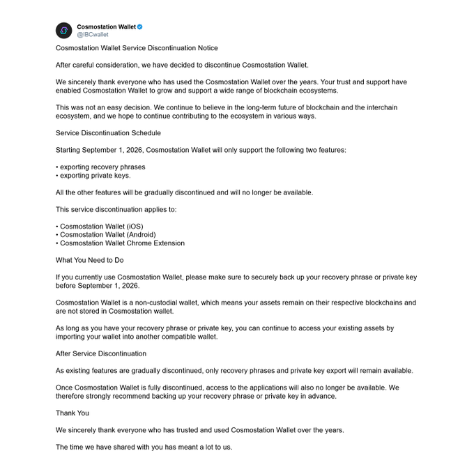 An official discontinuation notice from Cosmostation Wallet (@IBCwallet) announcing that starting September 1, 2026, the wallet will only support exporting recovery phrases and private keys.