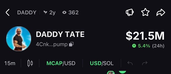 The image shows a crypto trading interface for the token "DADDY TATE" (ticker: DADDY) with a market cap of $21.5M and a 5.4% gain in 24 hours, launched 2 years ago with 362 viewers. This visually supports the post's claim about Andrew Tate launching the $DADDY token, displaying key metrics that illustrate the token's current market activity and valuation.
