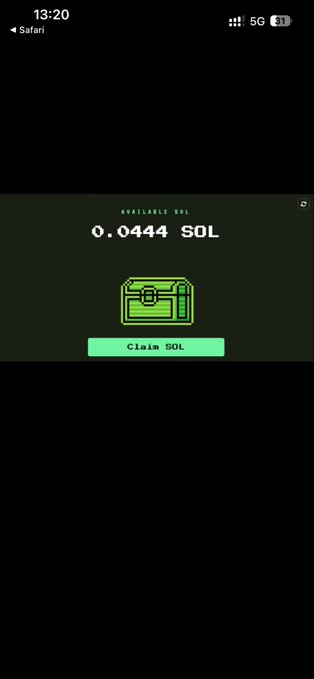 A mobile phone screenshot showing 'AVAILABLE SOL 0.0444 SOL' with a green treasure chest icon and a 'Claim SOL' button on a dark green background.