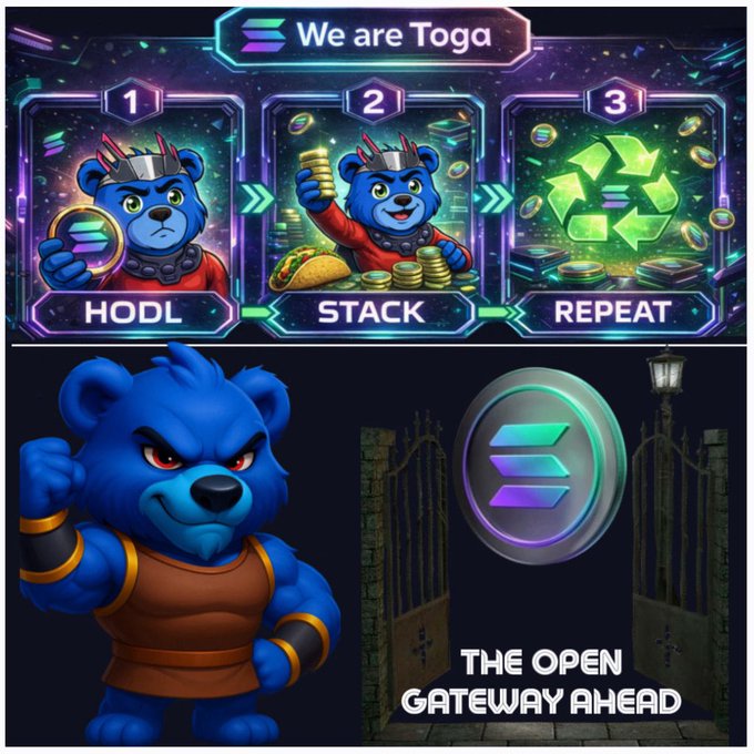 A promotional graphic titled 'We are Toga' showing a blue bear character with horns in a three-step 'HODL, STACK, REPEAT' sequence, and a bottom panel reading 'THE OPEN GATEWAY AHEAD' with a Solana logo and the same bear character.