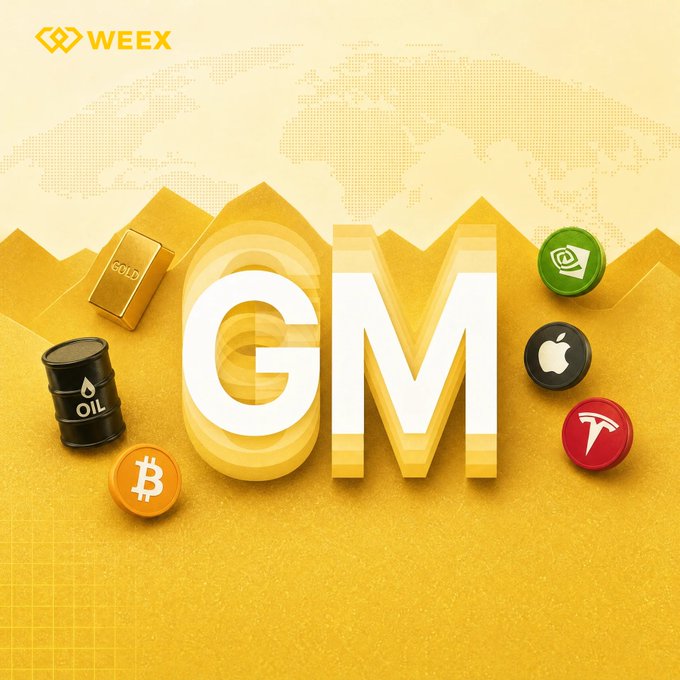 The image is a Weex promotional graphic featuring large "GM" (Good Morning) text centered on a yellow background with mountain silhouettes and a world map pattern, surrounded by circular icons representing Gold, Oil, Bitcoin, NVIDIA, Apple, and Tesla — capturing the crypto community's signature "GM" greeting with major trading assets.