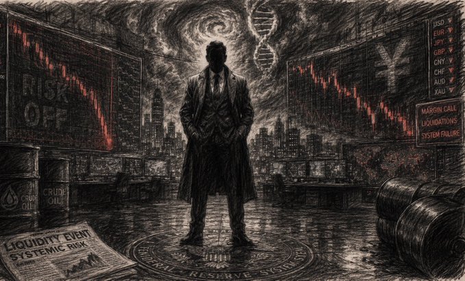 A shadowy figure stands before a trading floor of collapsing charts and currency tickers (USD, EUR, JPY, GBP, CNY, CHF, AUD, XAU) as red warnings flash "RISK OFF," "MARGIN CALL LIQUIDATIONS SYSTEM FAILURE," and a headline reads "LIQUIDITY EVENT SYSTEMIC RISK," evoking insider knowledge of imminent financial turmoil and a looming collapse tied to XRP.