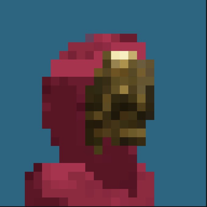 A pixel art portrait of a figure wearing a hooded red garment with a brown/gold mask, set against a teal background.