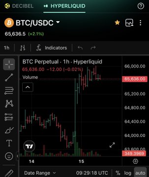 The image shows a screenshot of a Binance Coin trading app's screen with various indicators and market analysis displayed. The focus is on a graph that tracks Bitcoin prices, and there are words such as "BTC", "USDC", and "Hype Liquid" present in the image. There is also text related to coffee time on the DecibelTrade platform.