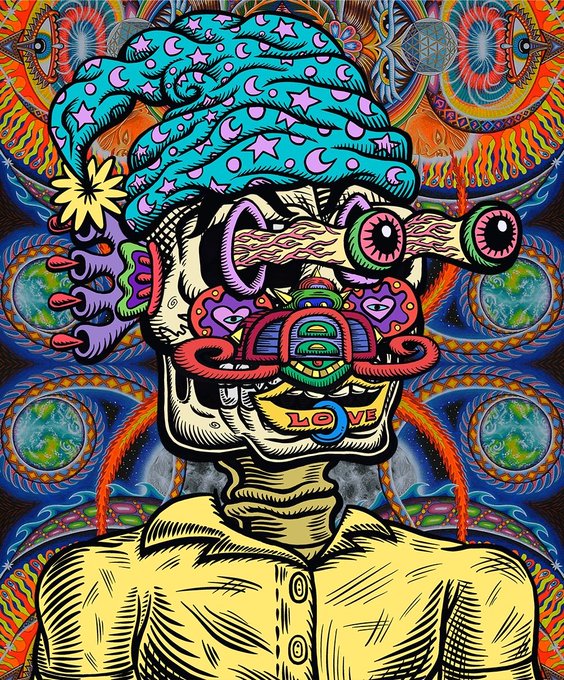 A vibrant, psychedelic illustration of a figure wearing a star-and-moon patterned nightcap and colorful novelty glasses, with a mouth displaying the word "LOVE" on its tongue. The artwork, signed "chris dyer," reflects the trippy, visionary style promised by the GalakticGangNFT x Robinhood Chain collaboration giveaway.