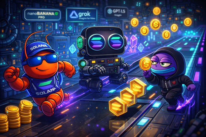 A colorful cartoon-style illustration featuring a Solana mascot, a purple ninja character, and a robot with 'nanoBANANA PRO', 'grok Imagine for Video', and 'GPT-4.5 Image' logos, surrounded by gold Solana coins.