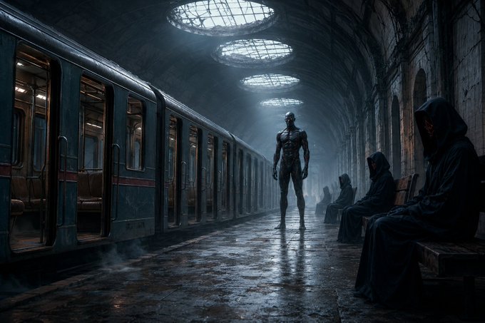 A dark, atmospheric sci-fi scene features a tall humanoid figure standing in a subway station with hooded figures seated on a bench.