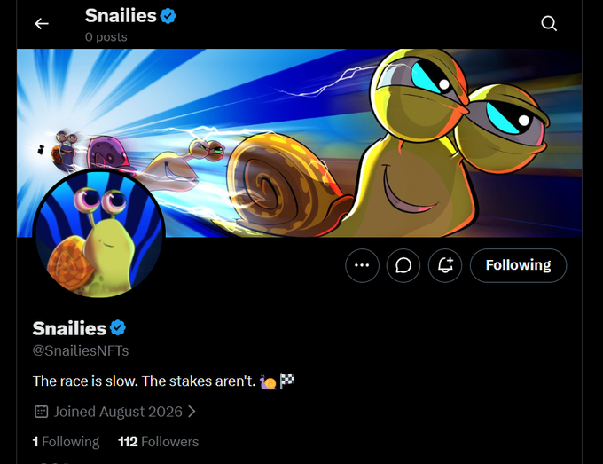 A Twitter/X profile page for 'Snailies' (@SnailiesNFTs) featuring cartoon snail characters racing with lightning effects, displaying the bio 'The race is slow. The stakes aren't.🐌🏁' and showing 112 followers.