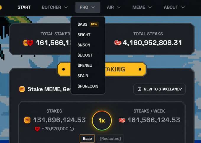 The image shows a Stake.com promotional page with a dropdown menu displaying various cryptocurrency tokens including $ABS, $FIGHT, $N3ON, $BOOST, $PENGU, $PAIN, and $RUNECOIN, alongside staking statistics for Stake MEME showing 131,896,124.53 stakes and 161,566,124.53 steaks/week. The "1x" multiplier and massive steak counts suggest this represents the dream-tier staking rewards meme coin holders hope to achieve, visually embodying the aspirational "I'm dreaming about this for $MEME stakers" sentiment.