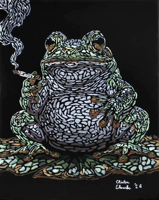 A stylized illustration of a warty toad smoking a cigarette, signed "Clinton Edwards '26" in the bottom right corner, is the artwork titled "Prince Charming" being offered for $125 plus an optional $25 for the NFT on a 16x20 canvas.