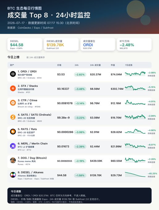 Chinese-language Bitcoin ecosystem daily ranking (BTC 生态每日行情图) Top 8 by 24h volume, dated 2026-07-17, led by ORDI ($20.37M) with BTC down 2.48% and all listed tokens (ORDI, STX, CTR, SATS, RATS, MERL, DOG, DIESEL) posting losses.