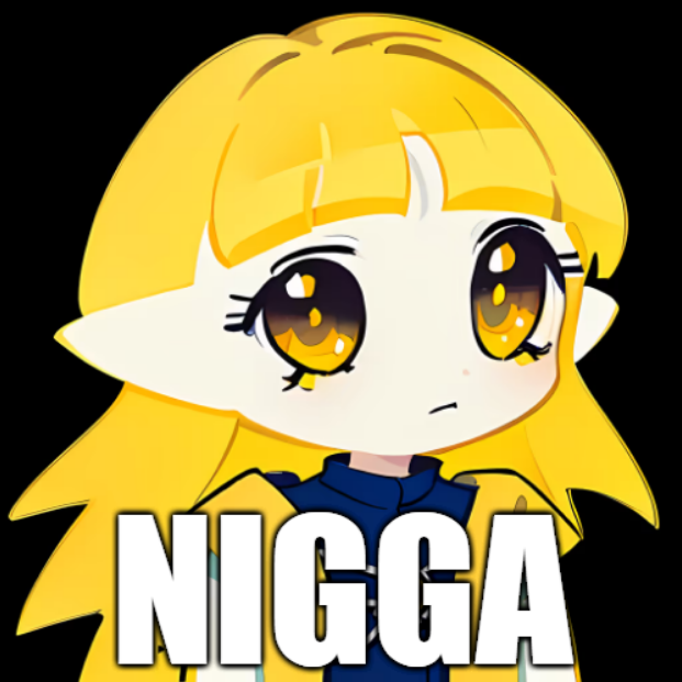An anime-style character with large amber eyes and blonde hair wearing a dark outfit, with the word 'NIGGA' displayed in large white text at the bottom.