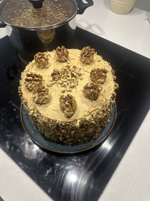 A round cake topped with caramel-colored frosting and whole walnut halves sits on a plate on a black stovetop, with a covered pot visible in the background.