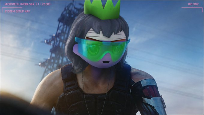 A screenshot from the game Cyberpunk 2077 showing a character with a green crown and pixelated green sunglasses; the image is labeled 'MICROTECH HYDRA VER. 2.1 - 22.003' and 'SYSTEM SETUP NAV' with a 'BID 302' in the corner.