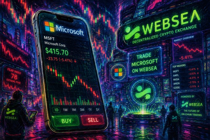 The image features a colorful illustration of a city scene, with several people walking around and buildings visible. The main focus of the artwork appears to be an electronic device, possibly a smartphone or tablet. In the bottom right corner of the image, there is text that references Microsoft, specifically mentioning the #MSFT tag in connection with the crypto industry.