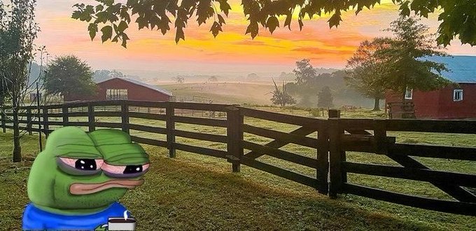 A sunrise over a fenced farm field with red barns, featuring a Pepe the Frog character wearing glasses and holding a mug in the foreground.