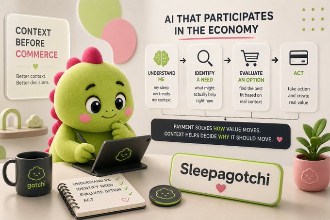 An infographic titled 'AI THAT PARTICIPATES IN THE ECONOMY' featuring a green dinosaur character called 'Sleepagotchi' with the slogan 'CONTEXT BEFORE COMMERCE' and steps: UNDERSTAND ME, IDENTIFY A NEED, EVALUATE AN OPTION, ACT.