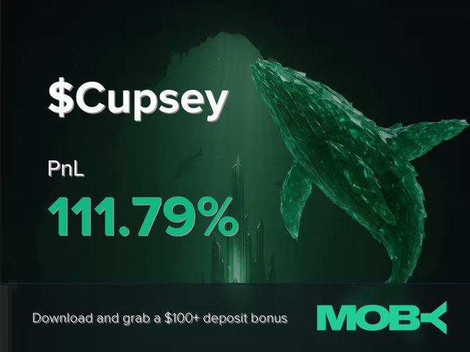 This image highlights a trading win for $Cupsey on Moby Mobile, showing a PnL of 111.79% and featuring a large green whale, symbolizing a significant profit.