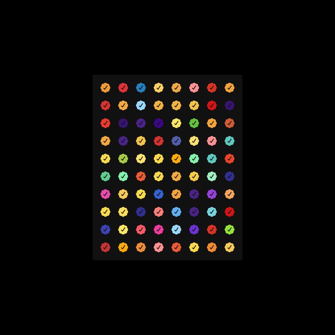 A grid pattern of colorful checkmarks on dark circles arranged in rows on a black background.