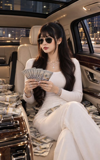An AI-generated image of a stylish woman in sunglasses and white outfit sitting in a luxury car interior, holding fanned-out cash with more money scattered around her.