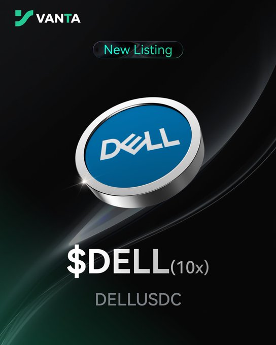 A sleek, dark promotional graphic from Vanta announcing a 'New Listing' for '$DELL (10x)' perpetual contract (DELLUSDC), centered around the Dell logo.