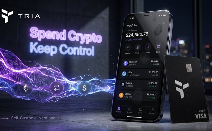 The image features a smartphone displaying an app called "Tria Spend Crypto" along with a credit card reader, possibly Visa or Mastercard, placed next to it. The text above the phone reads "Spend crypto keep control", while below the phone is a description of the app's purpose and how it can be used for managing digital assets.