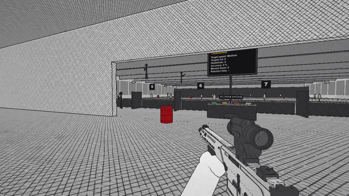 A first-person screenshot from a video game showing the player holding a scoped rifle in a wireframe-style checkpoint or terminal area with numbered service windows.