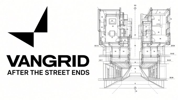 A graphic displays a black geometric logo above the text 'VANGRID AFTER THE STREET ENDS' next to a detailed architectural floor plan sketch.