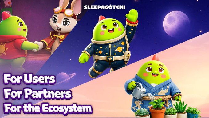 A promotional graphic for 'SLEEPAGOTCHI' featuring animated green character mascots in various costumes (astronaut, gardener, explorer) with text 'For Users, For Partners, For the Ecosystem'.