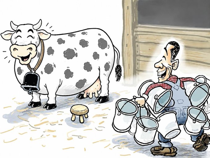 A cartoon cow wears a bell and smiles at a farmer carrying multiple milk buckets inside a barn, with no visible text in the image itself. The illustration thematically ties to the post's "$15 giveaway" promotion as a playful "milking the rewards" visual metaphor.