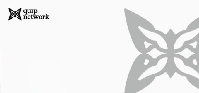 A minimalist white and gray design featuring the 'quip network' logo with a butterfly icon in the top left, and a larger faded gray butterfly graphic on the right side.