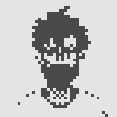 A minimalist pixel art icon of a dark skull-like face with hollow white eyes and a small patch detail on the chin, set against a light gray background.