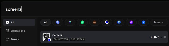 An NFT marketplace interface displaying the 'Screenz' collection with 228 items priced at 0.022 ETH, showing navigation tabs for All, Collections, and Tokens.