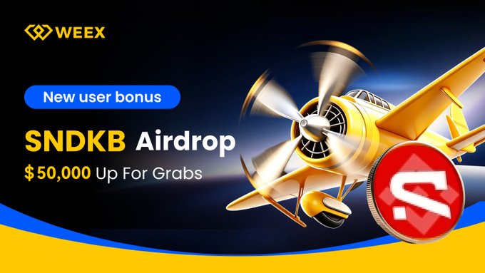This image advertises the SNDKB Airdrop by WEEX, offering $50,000 for grabs, featuring a vintage airplane with a coin symbol superimposed, relating to the trading platform and the potential rewards.