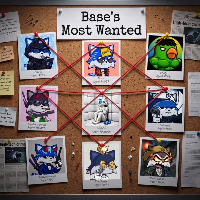 A corkboard titled 'Base's Most Wanted' displaying photos of various anthropomorphic animal characters labeled as agents with IDs, connected by red string.