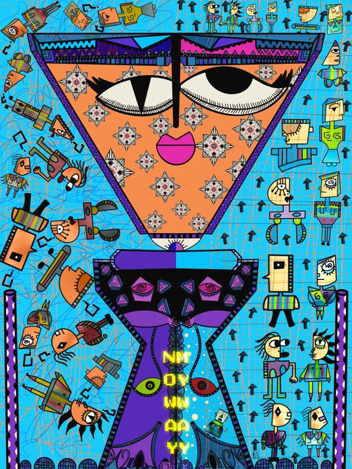 A colorful, surreal digital illustration featuring a large central face composed of geometric shapes, surrounded by various small, abstract characters against a bright blue patterned background.