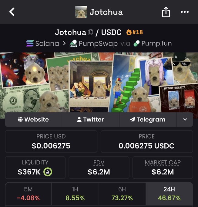 The image shows a cryptocurrency tracker page for the $Jotchua token on Solana, displaying a price of $0.006275 USDC, market cap of $6.2M, and liquidity of $367K, alongside performance metrics showing gains of 46.67% in 24H and 73.27% in 6H. The meme-themed collage features playful dog images and references the post's sentiment about the token's recent bounce, noting the strong 24-hour gains as it works toward reclaiming the $10M market cap milestone.