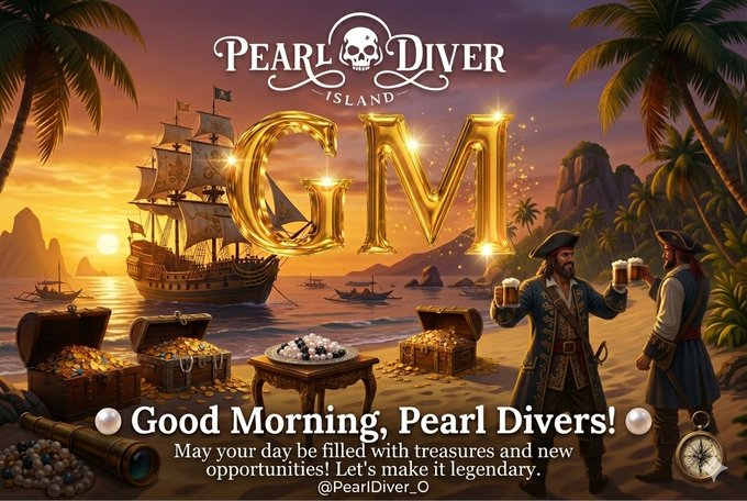 A promotional graphic for "Pearl Diver Island GM" features pirate-themed artwork with a ship, treasure chests, pearls, and two pirates, displaying the message "Good Morning, Pearl Divers! May your day be filled with treasures and new opportunities! Let's make it legendary" and tagged @PearlDiver_O.