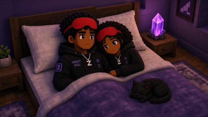 Pixel art style illustration of two people wearing 'NIGHT OWL' hoodies and red visors sitting on a bed with a sleeping black cat and a glowing purple crystal.