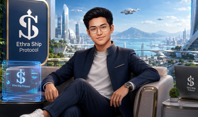 A promotional image featuring a man in a suit seated next to a holographic display with the logo for "Ethra Ship Protocol".
