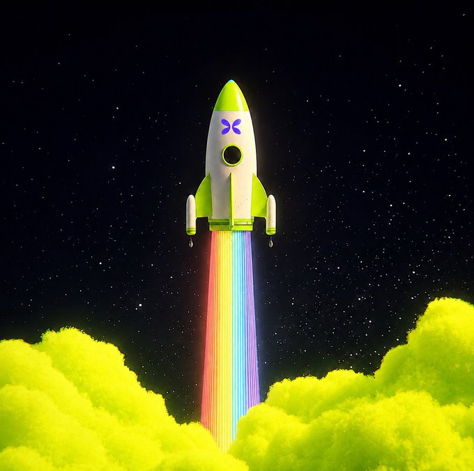 A green and white cartoon rocket with an X logo blasts off into a starry night sky with a rainbow exhaust trail, rising above bright yellow-green clouds.
