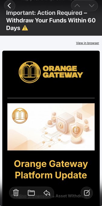 A mobile email screenshot shows a message from "Orange Gateway" with a warning header reading "Important: Action Required – Withdraw Your Funds Within 60 Days," featuring the platform's logo and a "Platform Update" graphic. The image illustrates the post's claim that BSV-related monetary transaction platforms are facing regulatory compliance issues, with users being instructed to withdraw their funds within a 60-day deadline.