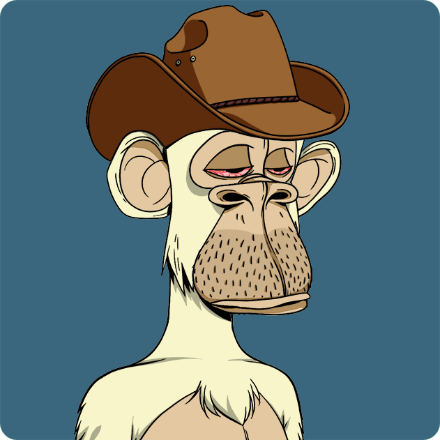A Bored Ape-style NFT illustration featuring a white ape wearing a brown cowboy hat with a tired expression.